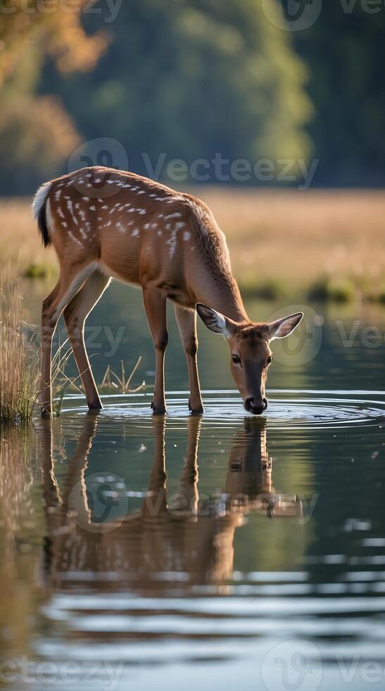 Deer drinking from still water in a peaceful natural setting during golden hour photo