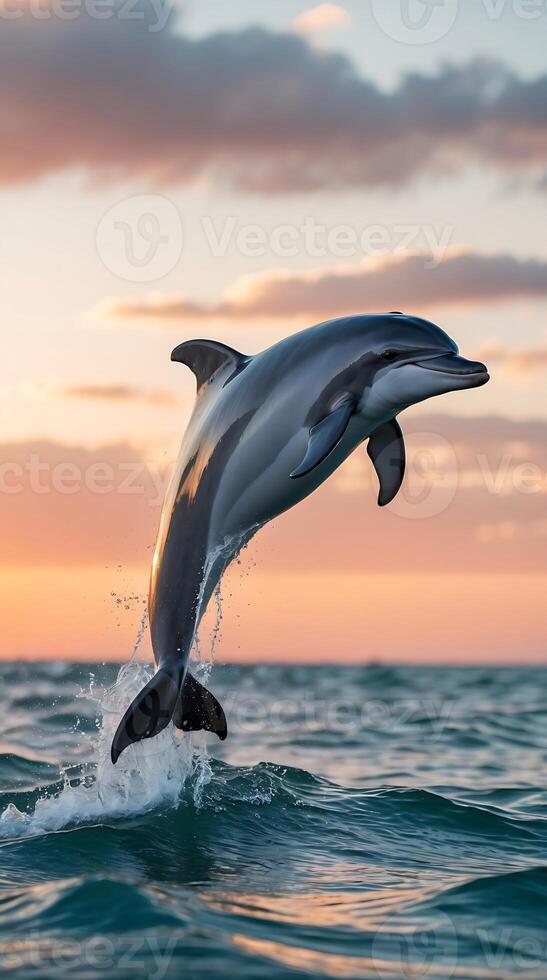 Dolphin leaps from ocean waves against a colorful sunset backdrop at dusk photo