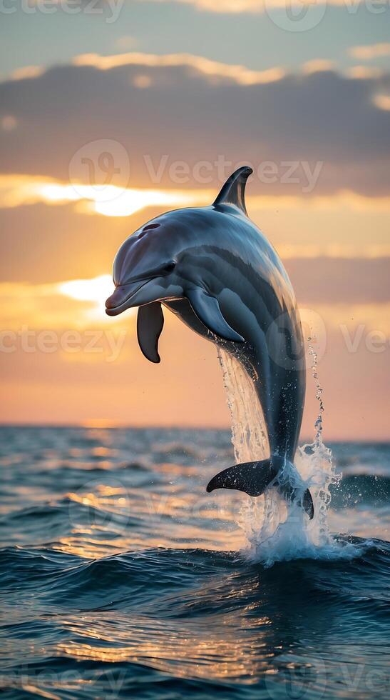 Dolphin jumps high out of ocean against a colorful sunset background photo