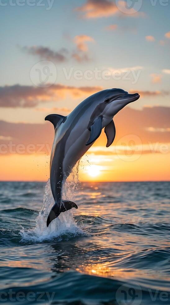 Dolphin leaps gracefully from ocean waters at sunset over the horizon photo