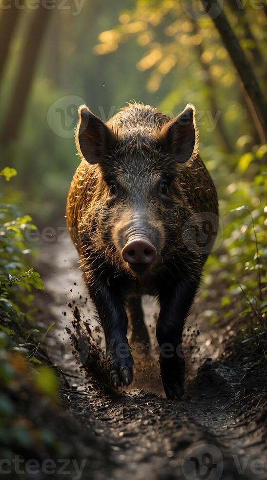 Wild boar runs through forest trail during golden hour light photo