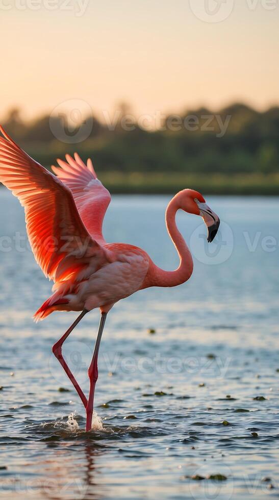 Flamingo stretches its wings while walking in shallow water at sunset photo