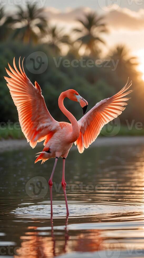 Flamingo stretches its wings at sunset on calm water surrounded by tropical foliage photo