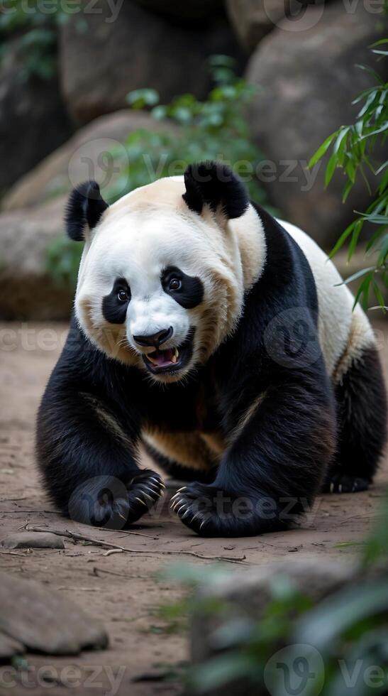 Giant panda joyfully rolling on the ground in its natural habitat during daylight hours photo