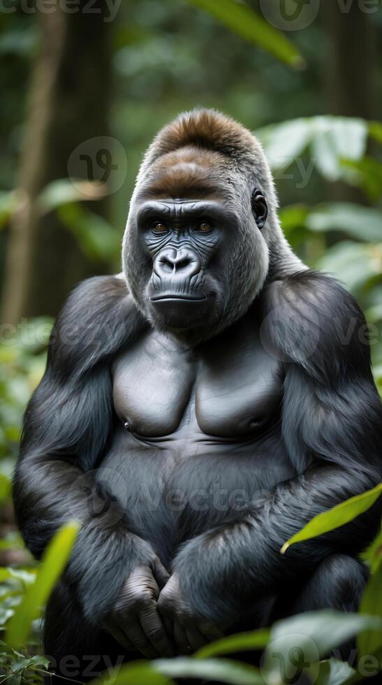 Contemplative gorilla in lush greenery reflecting in natural habitat photo