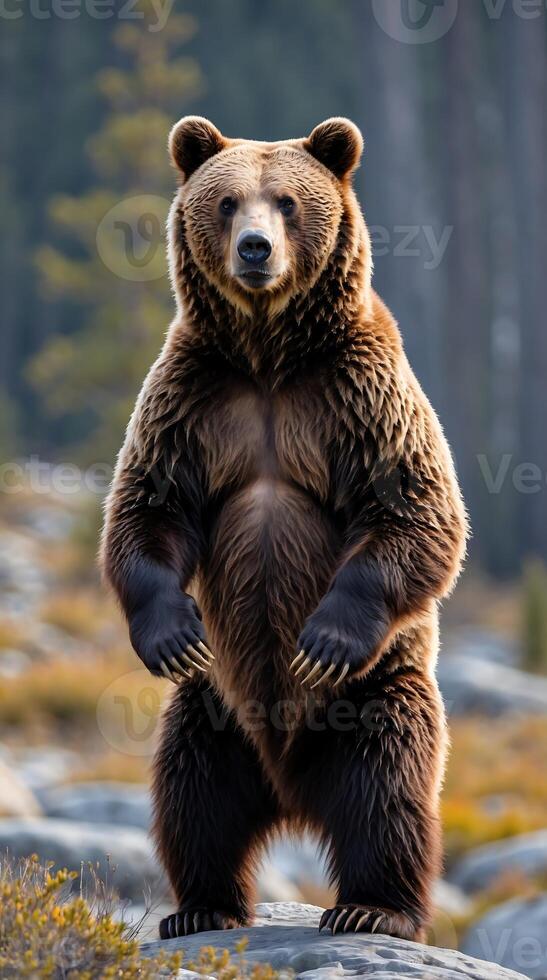 Grizzly bear standing upright in a forest during daylight photo