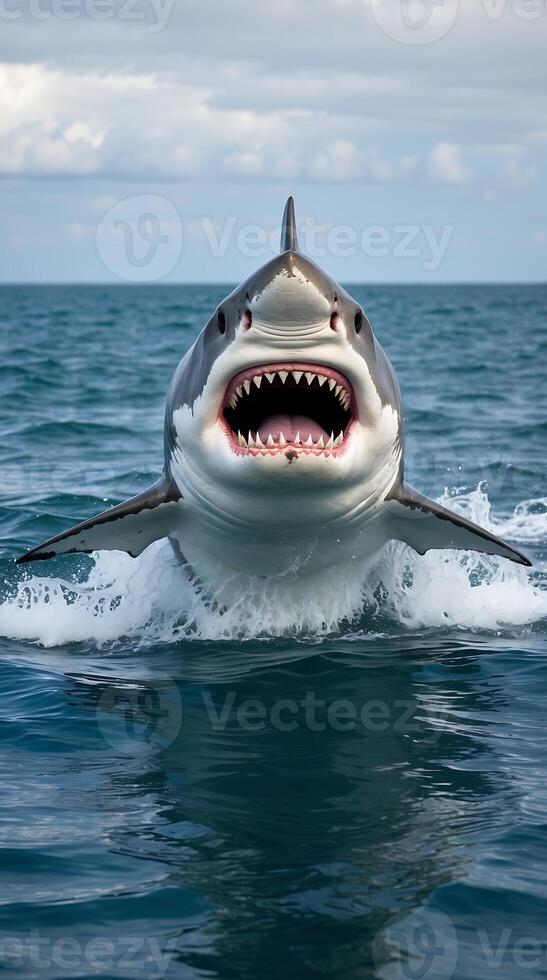Great white shark breaches ocean surface, showcasing powerful jaws and speed photo