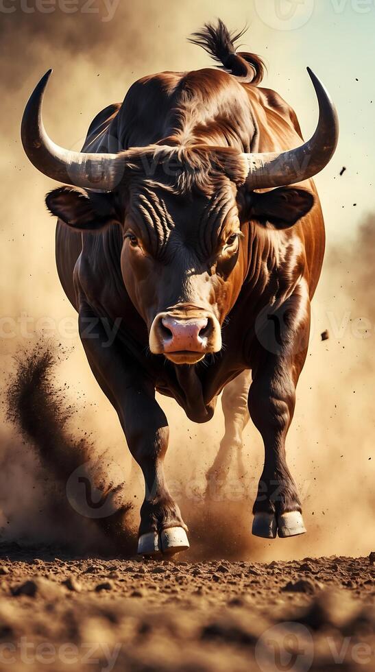 Bull charging through dusty terrain under harsh sunlight creating a dramatic atmosphere photo