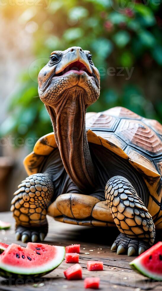 Turtle enjoying fresh watermelon on a wooden table in a sunny garden setting photo
