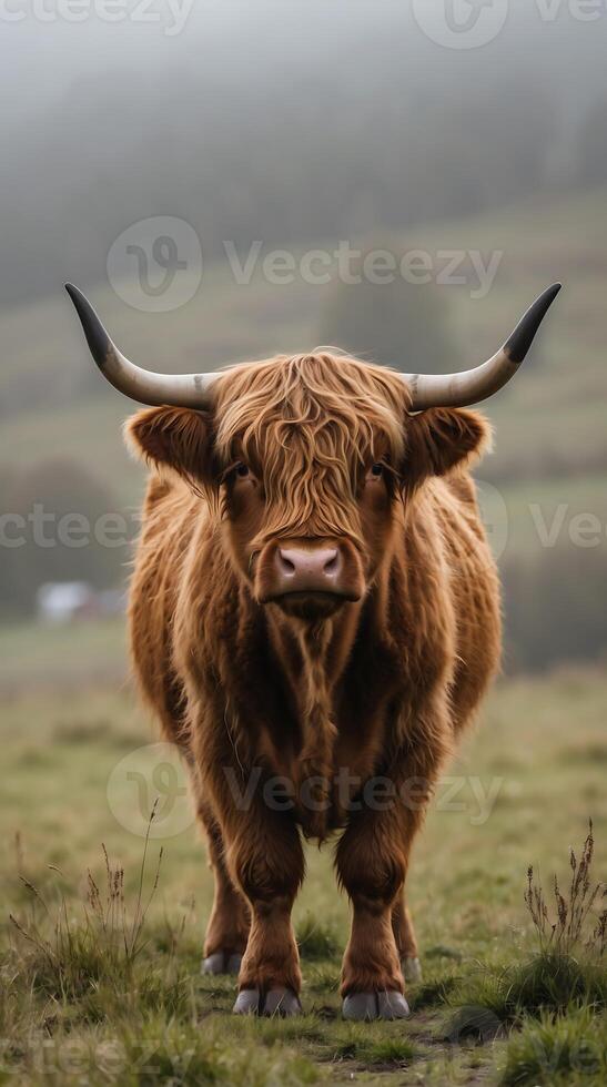 Highland cow standing in misty field with distant hills at dawn photo