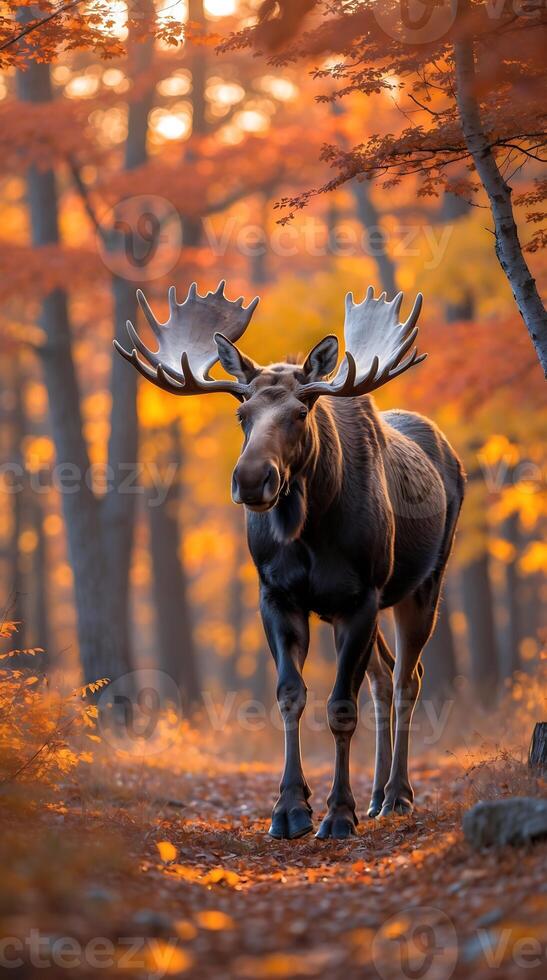 Majestic moose walking through a forest during autumn with colorful foliage photo