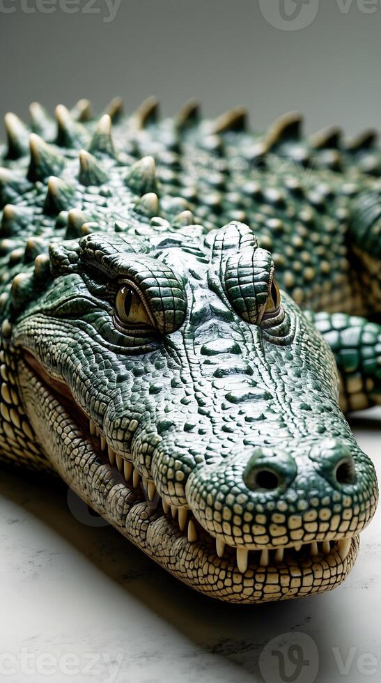 Close up view of a detailed crocodile figurine showcasing intricate textures and patterns photo