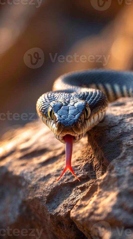 Close up view of a snake displaying its tongue on rugged terrain photo