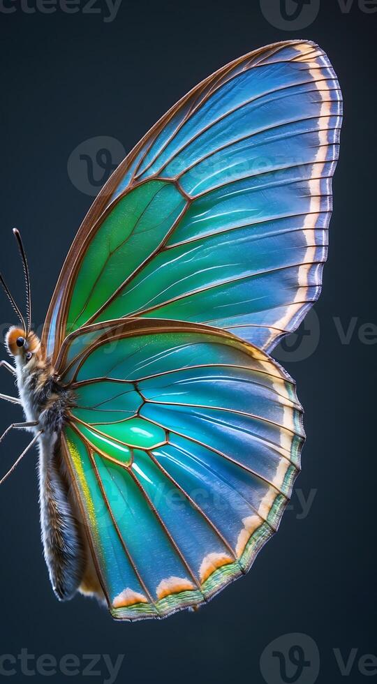 Close up view of a butterfly wing showing intricate patterns and colors in macro photo