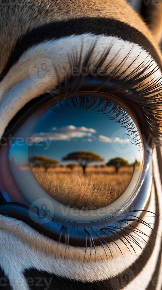 Close up view of a zebra's eye reflecting a beautiful savanna landscape photo