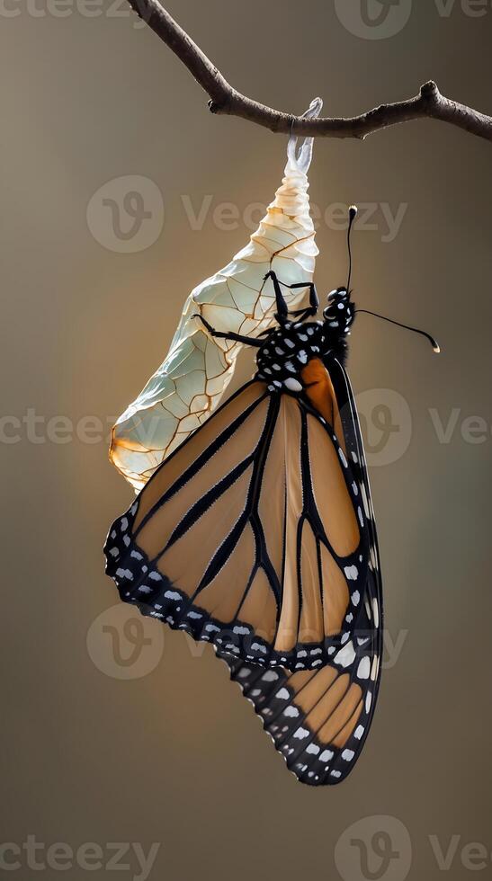 Butterfly emerging from chrysalis near a branch in a natural setting during daylight photo