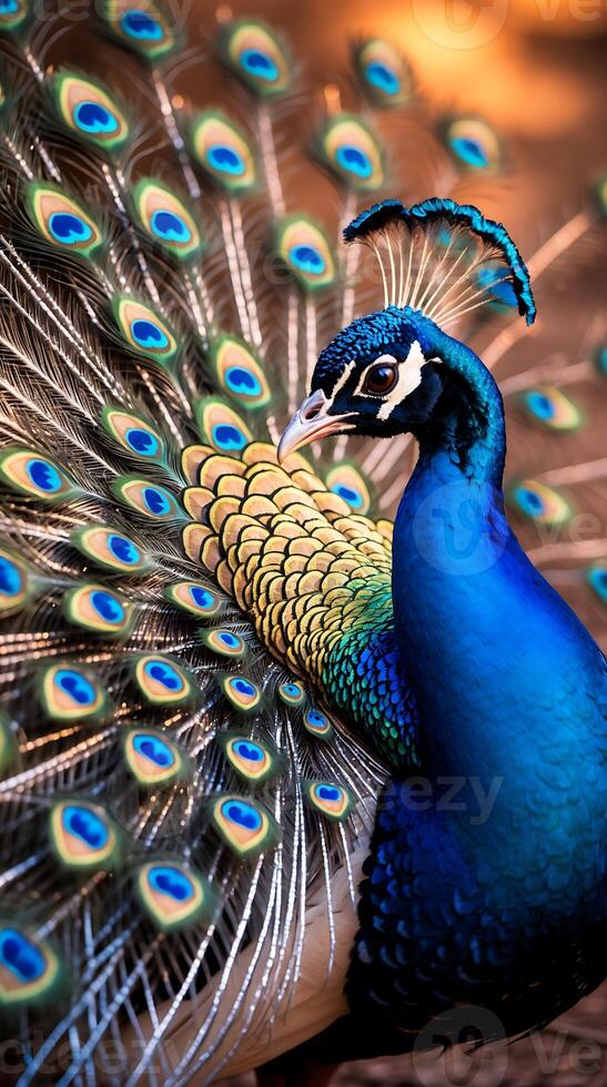 Majestic peacock displaying its stunning feathers in natural habitat photo
