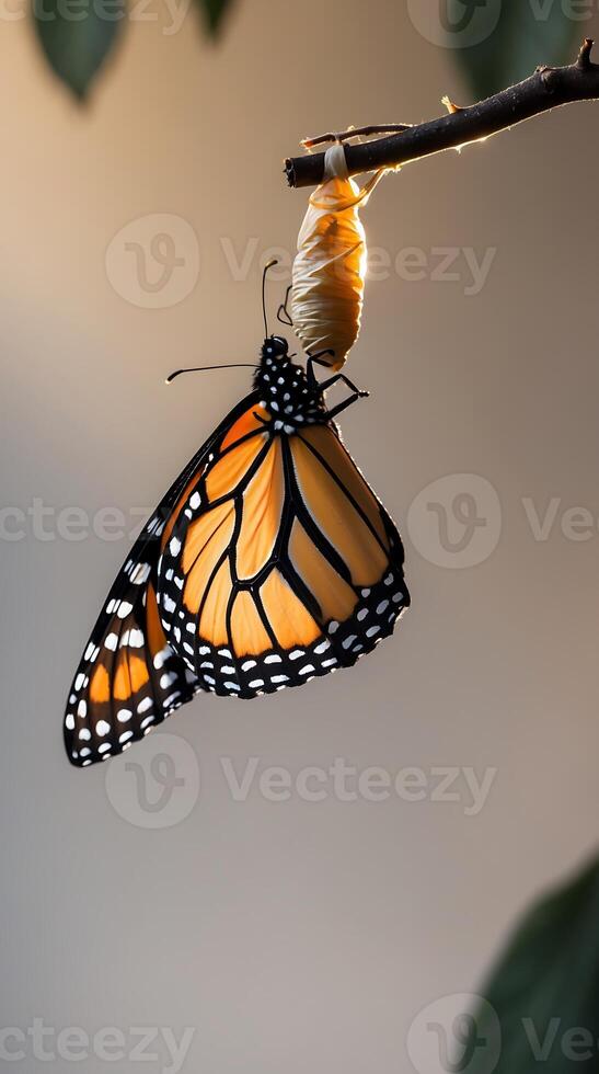 Monarch butterfly emerging from chrysalis while perched on a plant during daylight photo