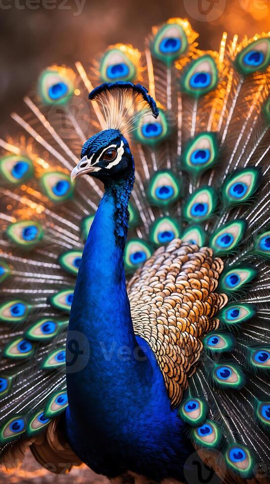 Peacock displaying vibrant plumage in a natural setting during daylight hours photo
