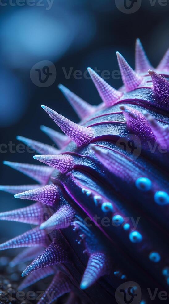 Detailed view of a spiny sea creature resting on the ocean floor in twilight photo