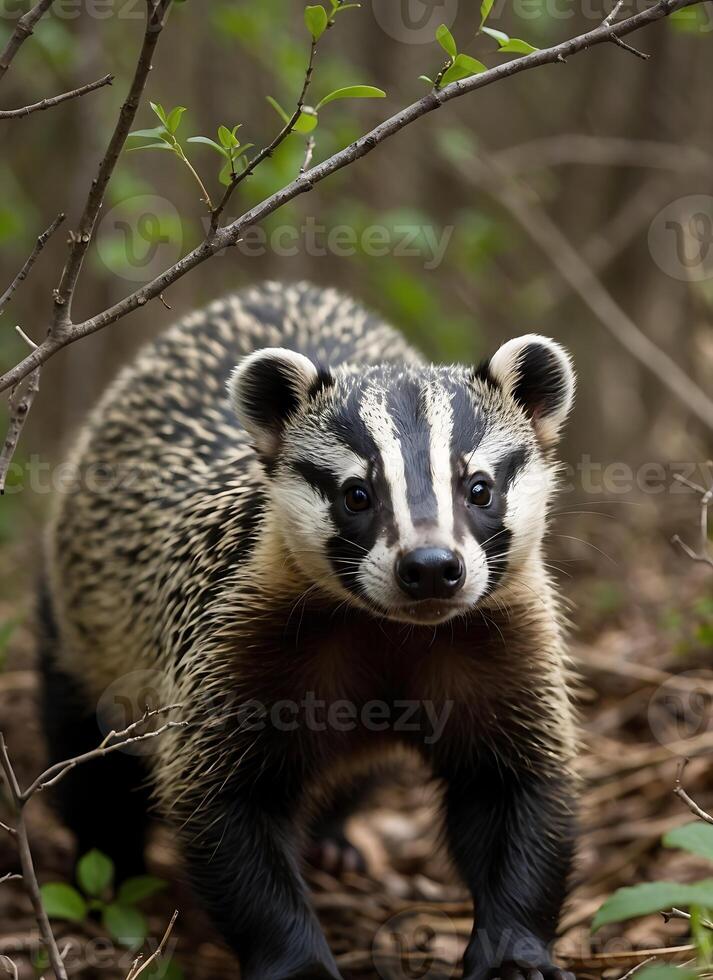 Fearless honey badger exploring a forested area with greenery surrounding photo