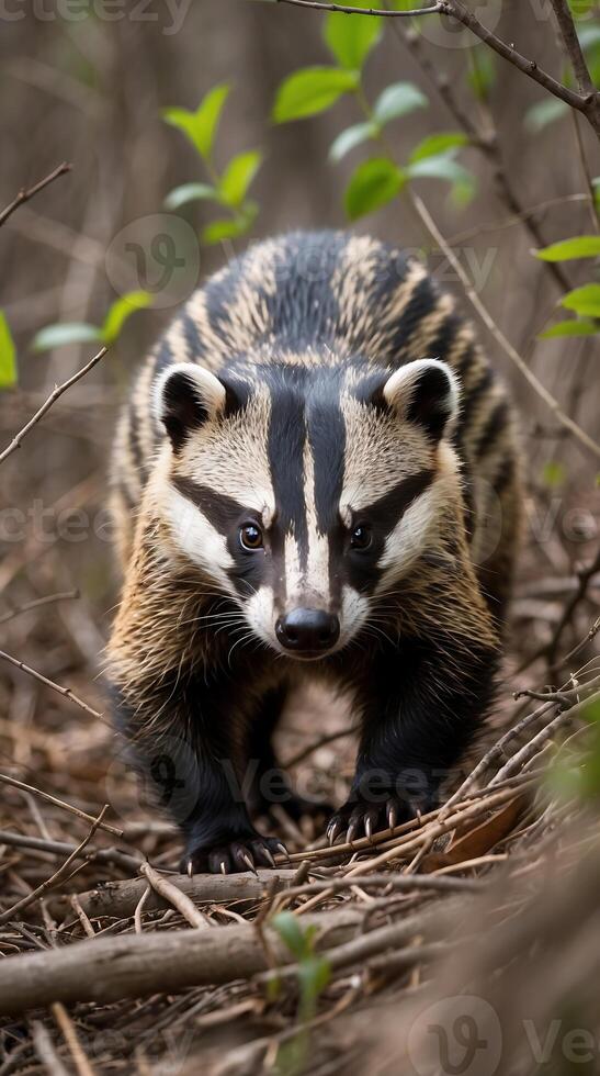 Fearless honey badger prowling through dense underbrush in the wild photo