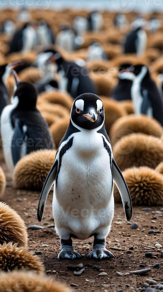 King penguin chick exploring its habitat among fluffy brown nests on the coast photo