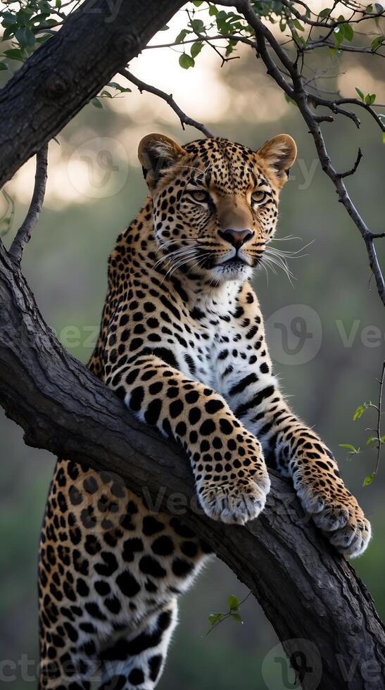 Leopard resting on tree branch in natural habitat at dusk photo