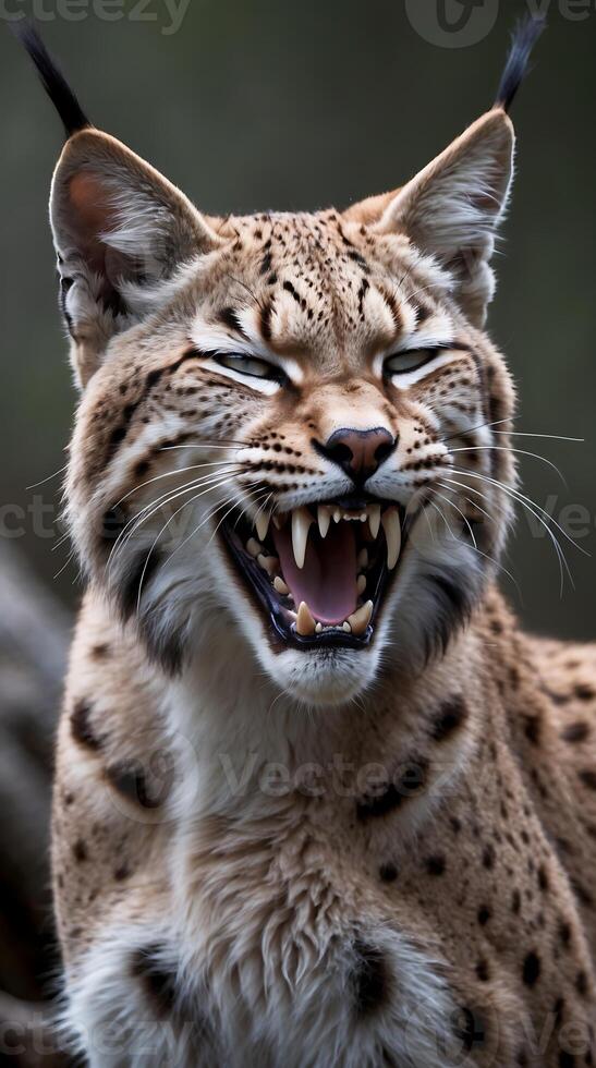Lynx yawning and displaying its sharp teeth in a natural habitat photo