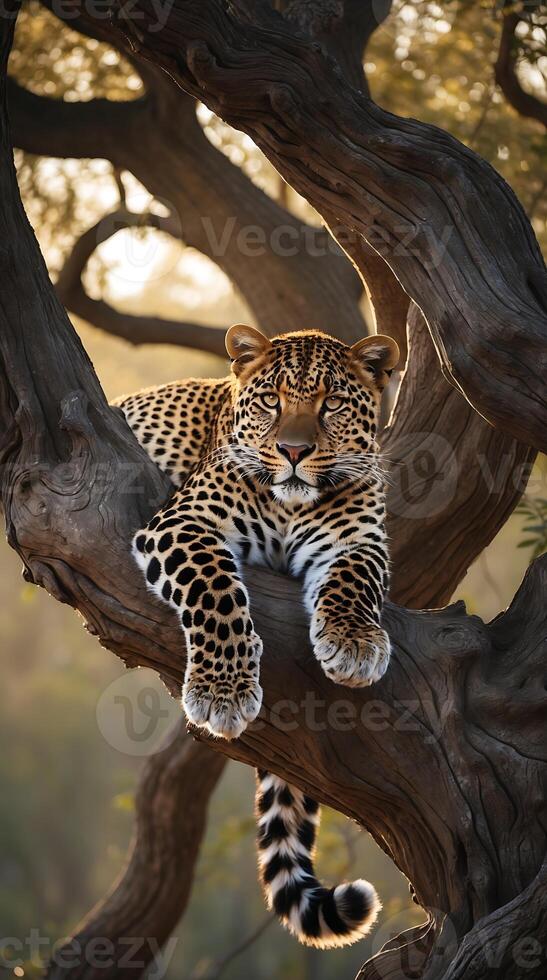 Majestic leopard lounging on a tree branch during golden hour in nature photo