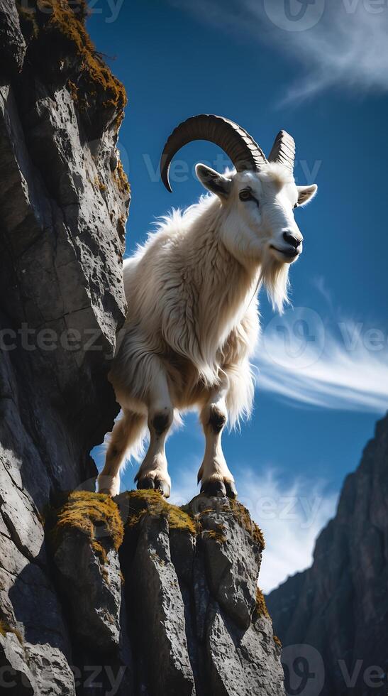 Majestic mountain goat standing on rocky cliff against clear blue sky photo