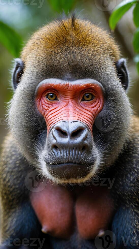 Colorful mandrill with distinctive facial features in natural habitat photo