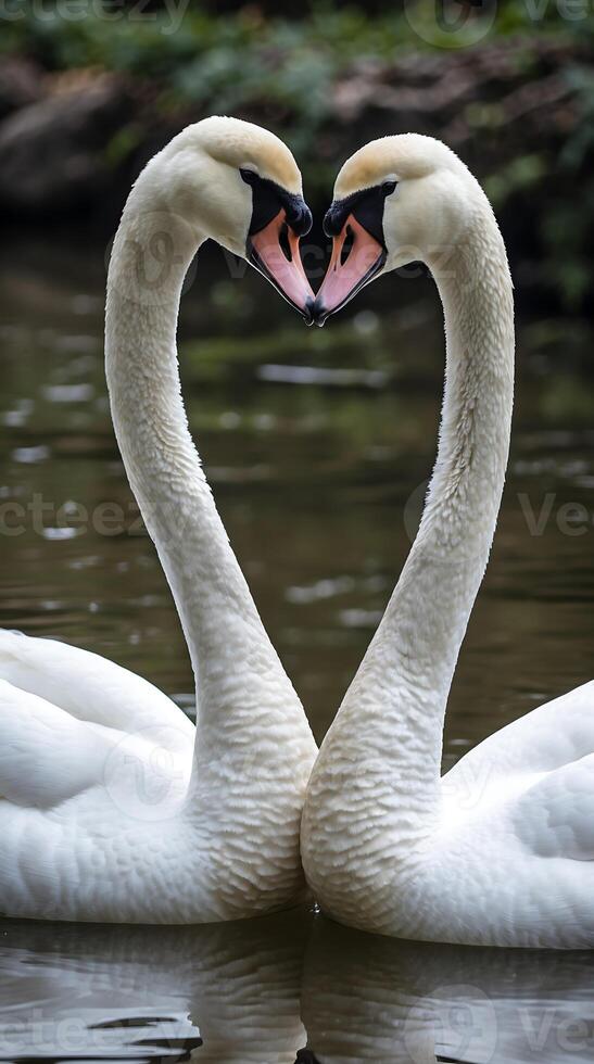 Heart shaped formation of swans in tranquil water setting at dawn photo