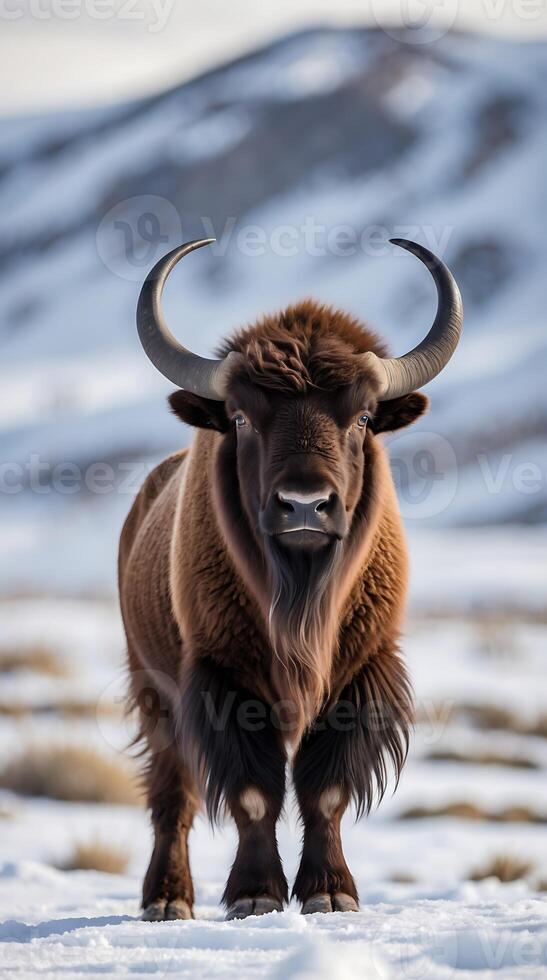 Musk ox stands prominently in snowy landscape against mountain backdrop photo