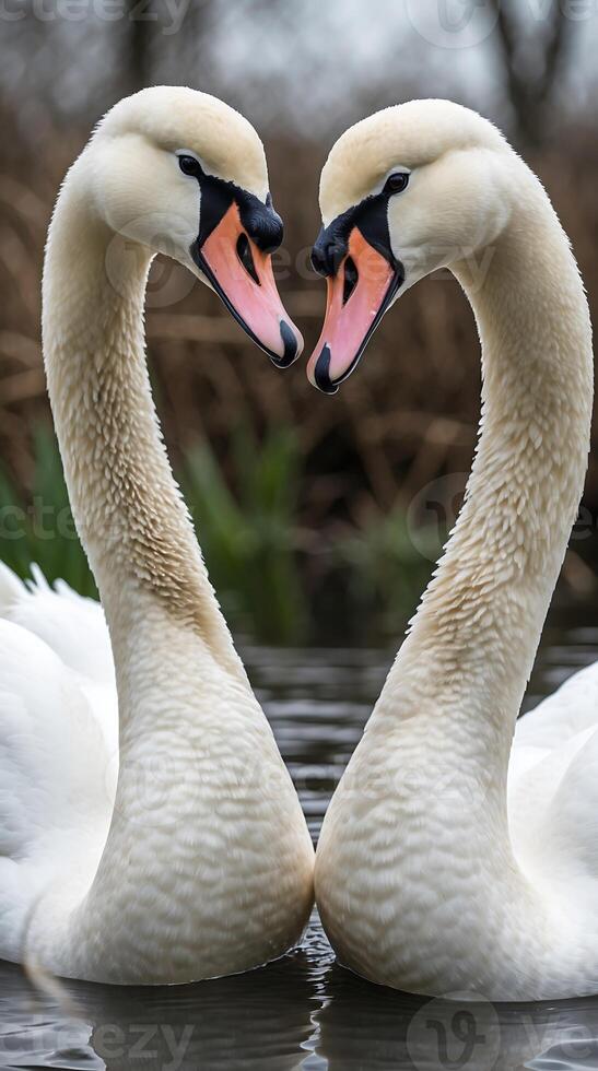 Swans gracefully forming a heart shape in a tranquil water setting at sunrise photo