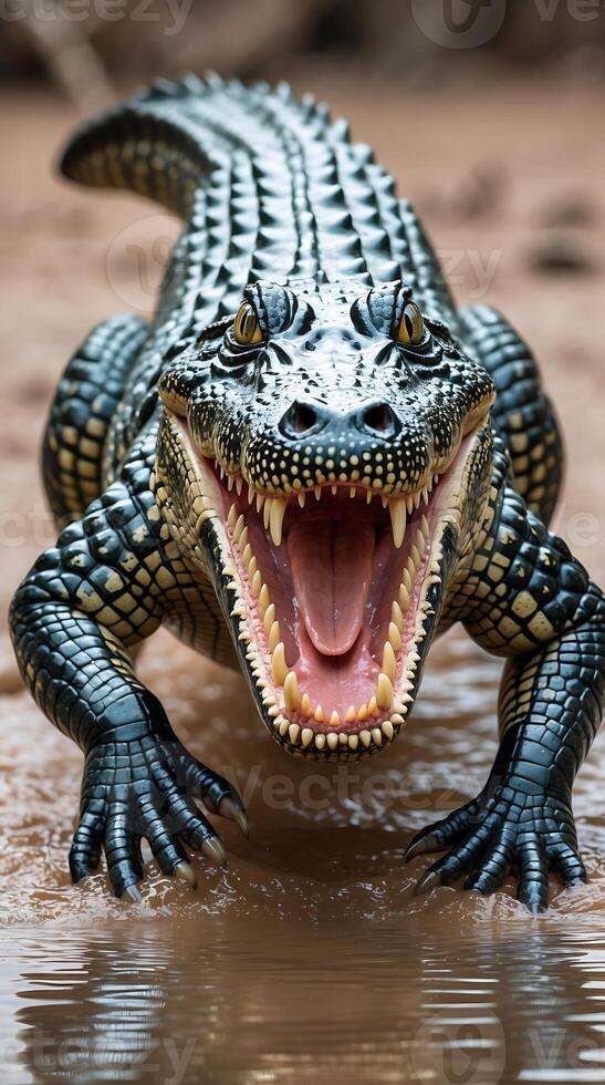 Nile crocodile lunging forward in a muddy river during daylight photo