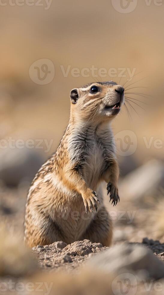 Prairie dog issues warning call while standing alert in a dry landscape photo