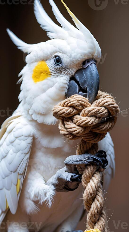 Cockatoo enjoying playtime with a rope toy in a warm, indoor environment photo