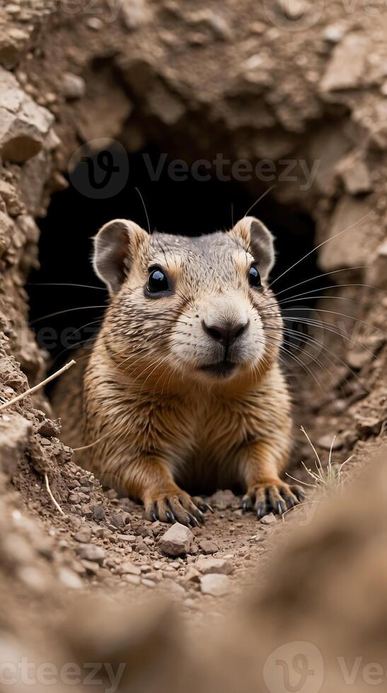 Prairie dog peering out from its burrow in a natural habitat during daytime photo