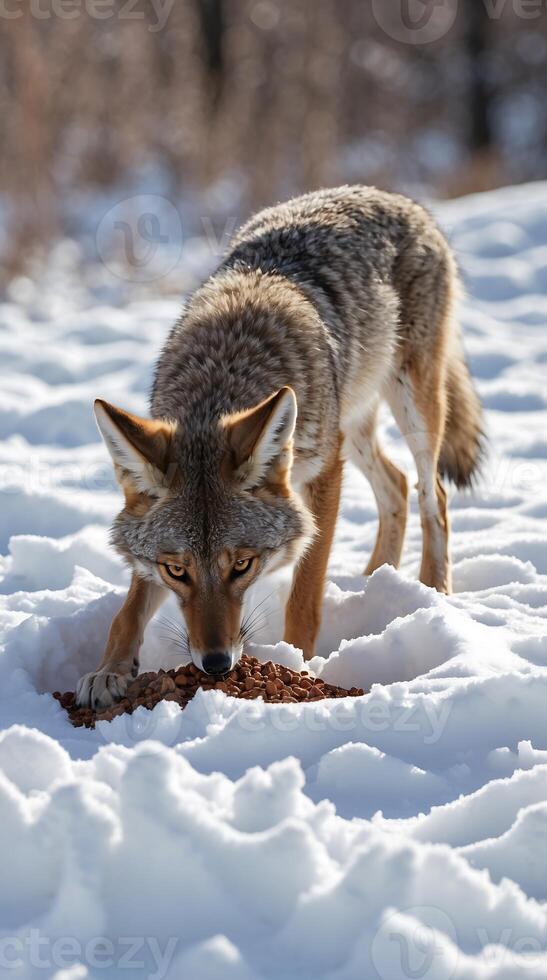 Coyote digging in snow while searching for food in a winter landscape photo