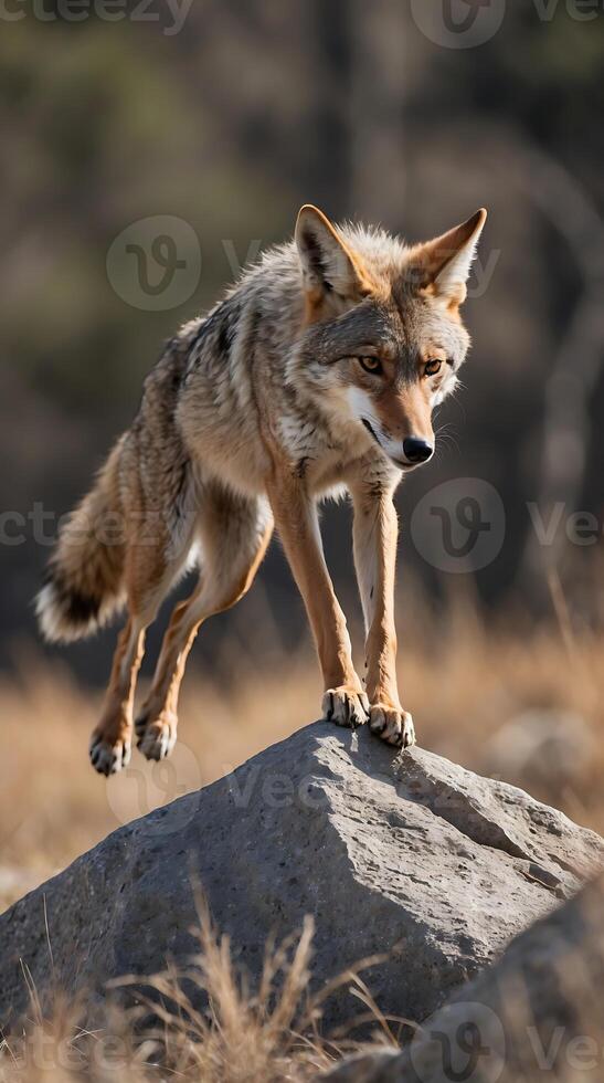 Coyote leaping onto a rock in natural habitat during daytime observation photo
