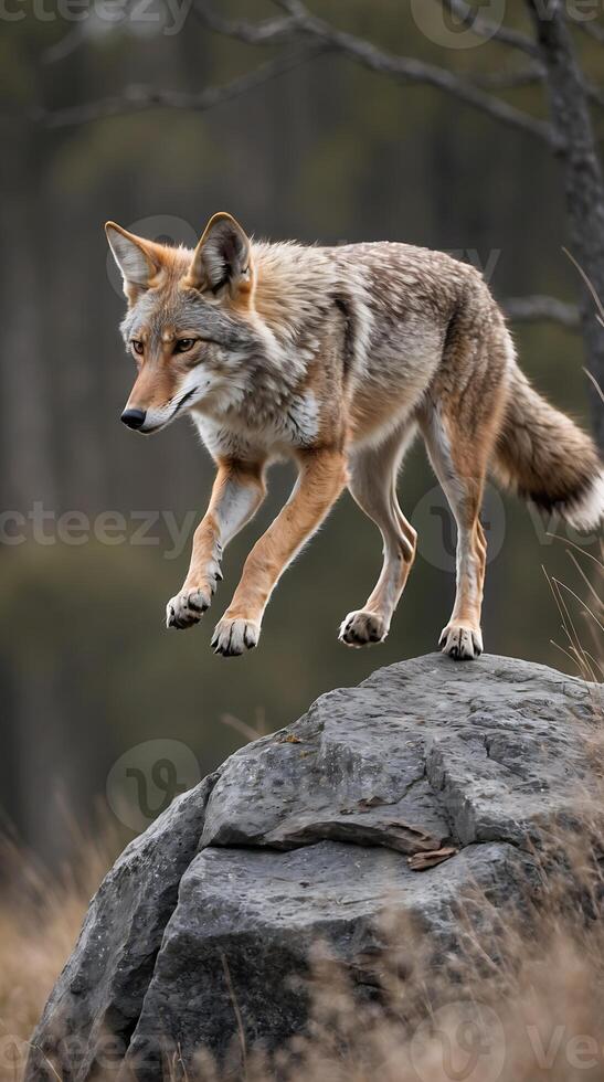 Coyote leaps off a rock while scanning the environment for potential prey photo