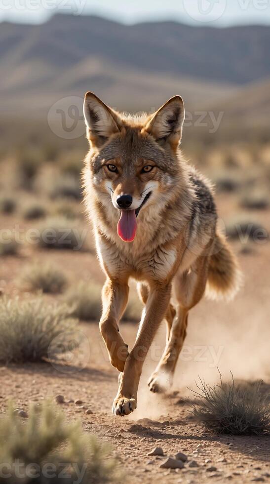 Coyote running across a desert landscape in a warm afternoon light photo