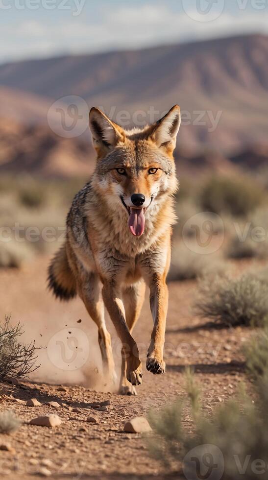 Coyote running through a desert landscape under clear skies photo