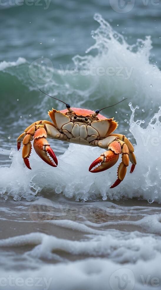 Crab leaping over ocean wave along the shoreline during daylight hours photo