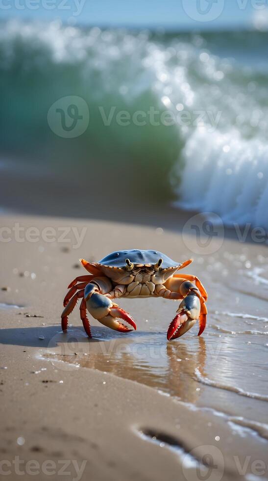 Crab moving across wet sand near the ocean and crashing waves during daylight photo