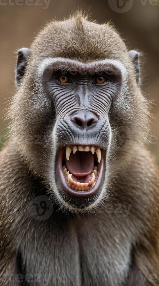 Baboon displaying teeth in a natural setting during daylight photo