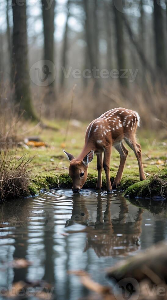 Baby deer drinking water from a pond in a forest setting during the day photo
