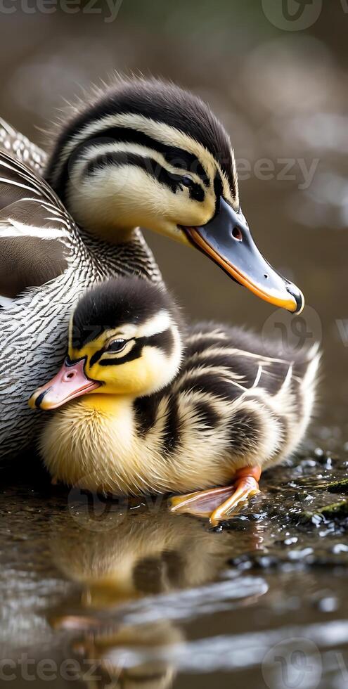 Baby duckling resting under adult duck in a tranquil setting photo