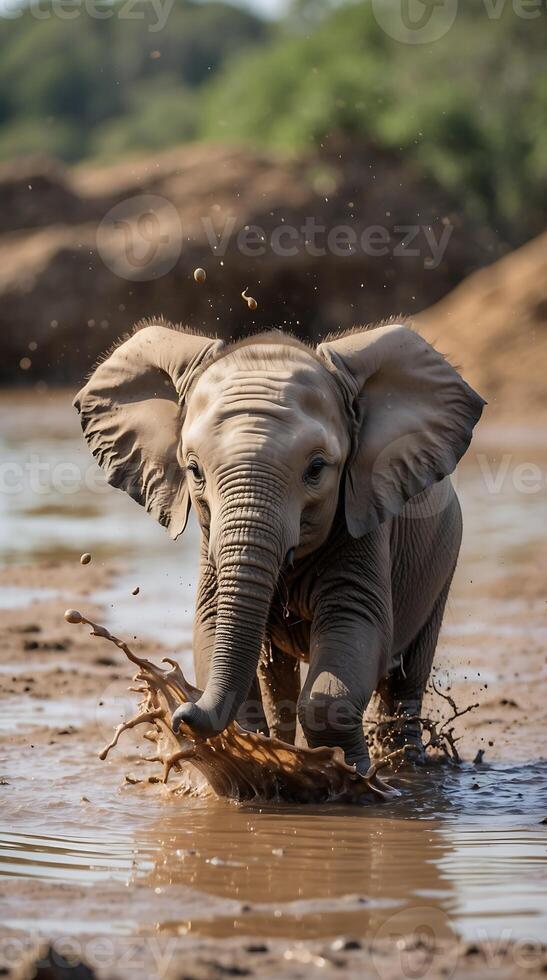 Baby elephant splashes joyfully in a muddy waterhole during a sunny day photo